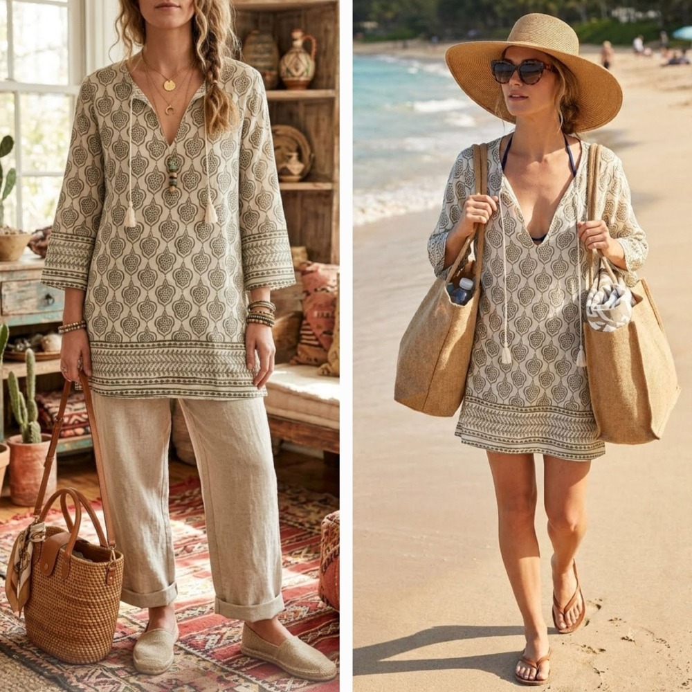 Rock Flower Paper 3/4 sleeves Boho Tunic M Cotton Block Print Tassel Beach